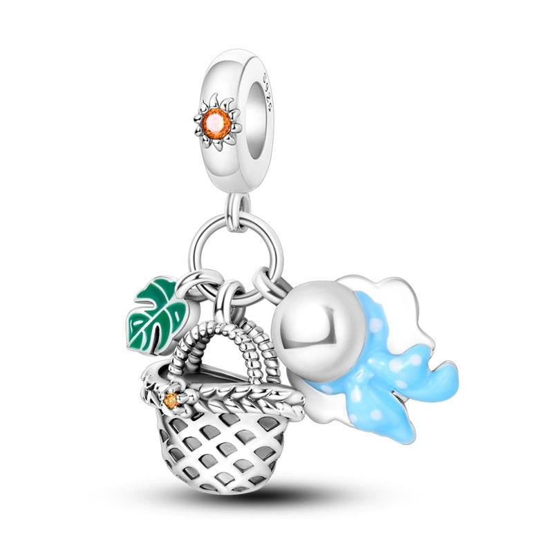 Charm pendente tropicale in Argento 925 con cestino e dettagli colorati